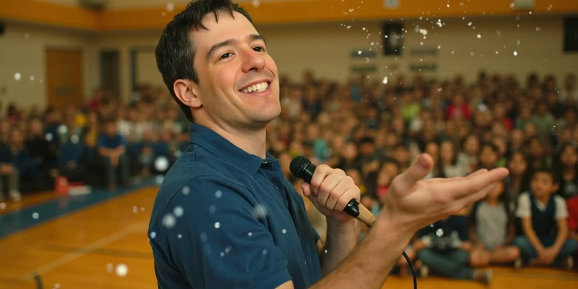 Holiday assembly performer with falling snow