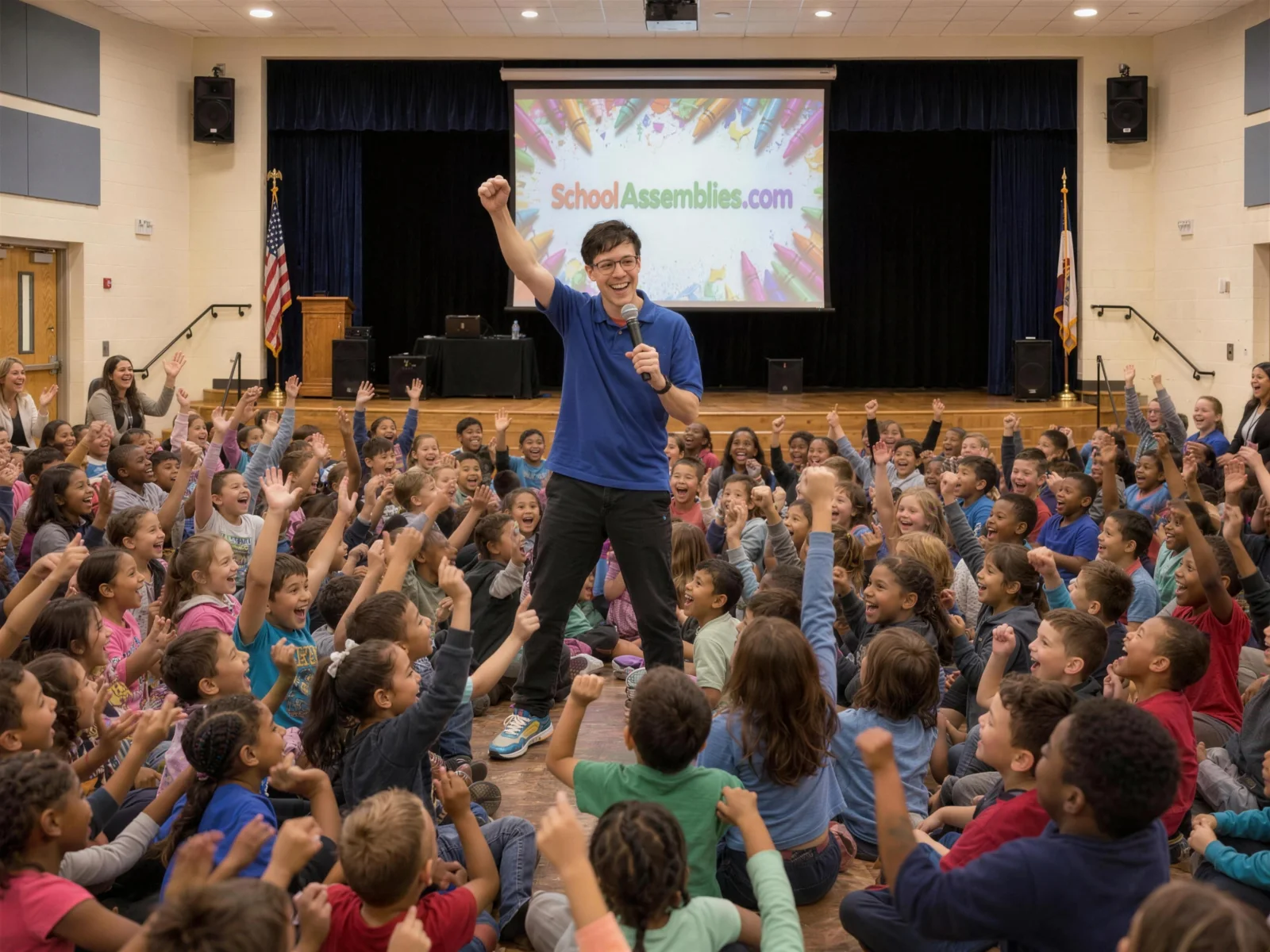Pete leading a cheering elementary school assembly with students raising their hands